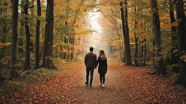 Junges Paar spaziert im bunten Herbstwald &ndash; romantischer Herbstspaziergang in der Natur