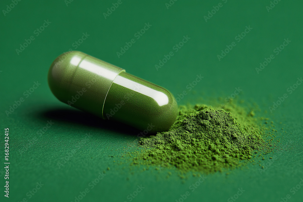 Poster green capsule and powder on matching surface, evoking wellness and health concepts in a minimalist c
