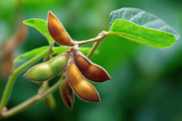 Soybean pods ripen on the vine, transitioning from green to brown, showcasing natural growth in agricultural landscape.