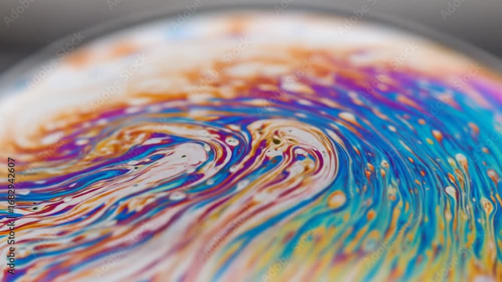 Poster Abstract Iridescent Texture with Swirling Pattern and Vibrant Colors in Close Up Detail Macro Photography with Fluid Soap Bubble Effect