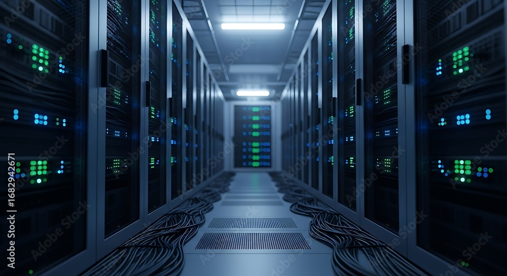 Poster Illustration of a server room hallway with rows of blinking computer servers