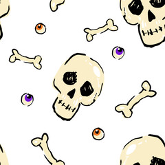 Funny hand-drawn Halloween pattern with skulls, bones, and eyeballs on white background. Playful and spooky elements in doodle style. Great for kids-themed Halloween packaging and party decor.