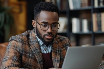 Focused young professional working on a laptop in a modern office, fully engaged in the task at hand, Generative AI