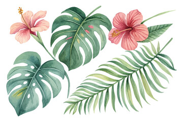 Tropical Watercolor Leaves Set with Monstera, Palm, and Hibiscus Flowers