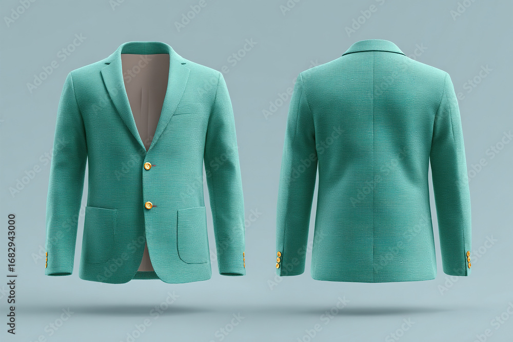 Poster stylish teal blazer: front and back view of a tailored blazer with gold buttons, perfect for adding 