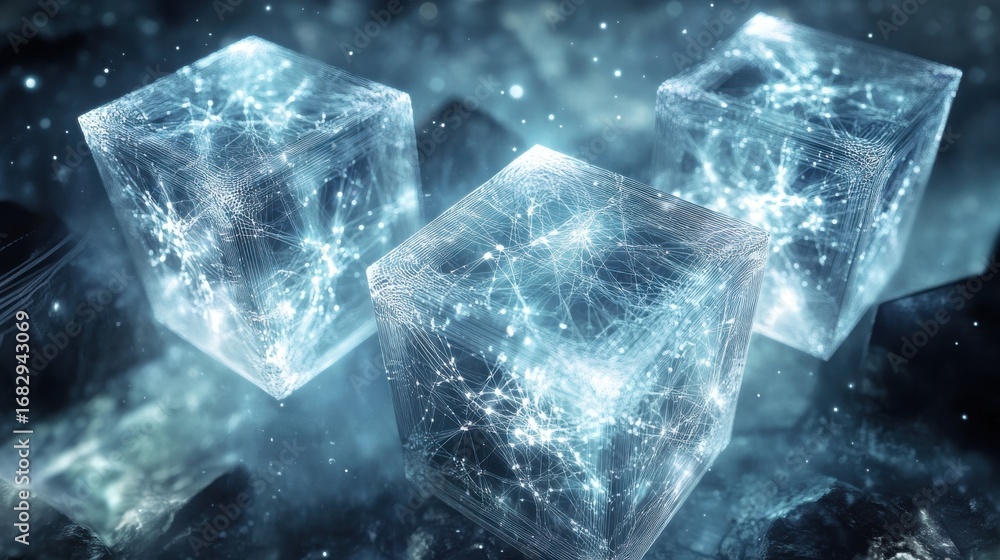 Poster three glowing cubes with intricate networks in dark digital space