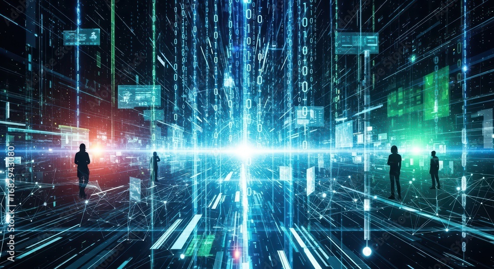 Aufkleber people in global digitally generated abstract space. data network connection. concept of high techno
