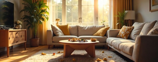 A warm, sunlit living room, toys scattered, a half-finished puzzle on the coffee table; the essence of family comfort and togetherness is palpable ,  safe space,  window,  carpet