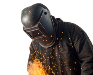 A welder wearing a black welding mask and dark clothing with sparks flying on a white background scene