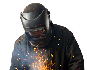 A welder wearing a protective mask and jacket with sparks flying on a white background in a studio shot