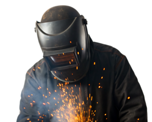 A welder wearing a protective mask and jacket with sparks flying on a white background in a studio shot