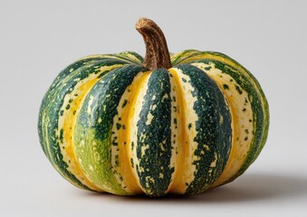 Vibrant, small pumpkin with a mix of yellow and green stripes