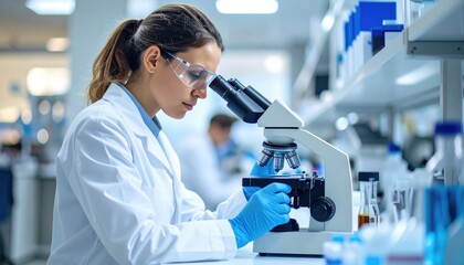 A scientist in a lab coat and safety glasses examines a sample through a microscope. Bright background, lab equipment is seen on shelves