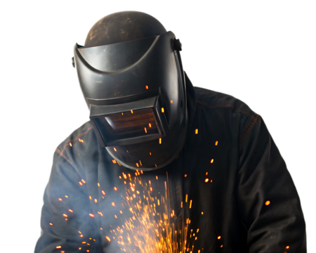 A welder wearing a protective mask and jacket with sparks flying on a white background in a studio shot