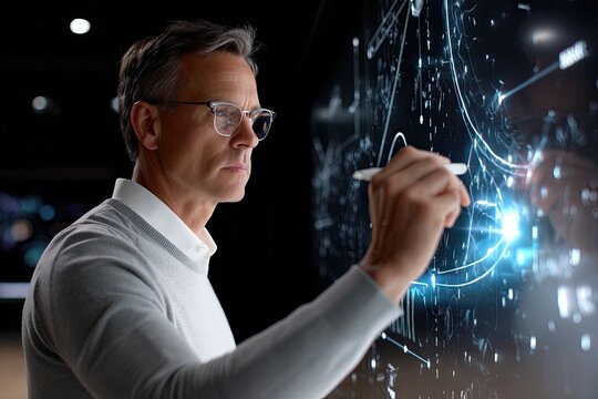 Coach drawing plays on digital screen with futuristic interface