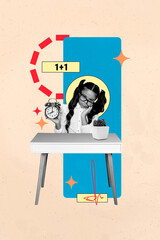 Sketch image trend artwork montage photo collage of young schoolgirl sit tired think hold clock...