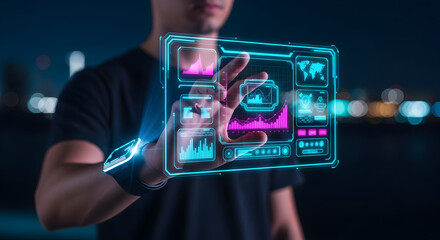 Man Interacting with Futuristic Digital Interface.