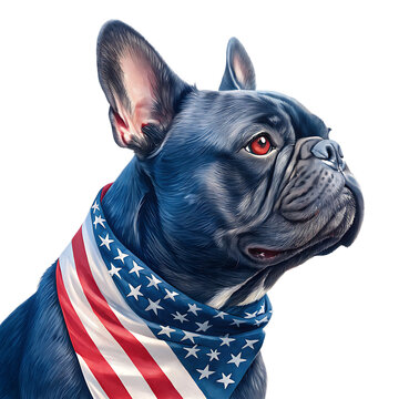 A patriotic french bulldog with an american flag bandana looking to the right side view portrait