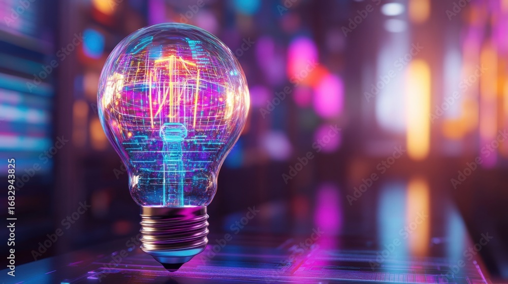 Poster glowing lightbulb displaying internal circuitry in tech environment