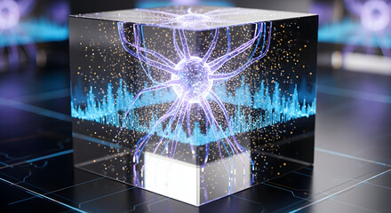 Glowing Plasma Energy Cell Inside Glass Cube.