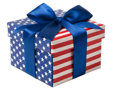Patriotic gift box with stars and stripes and a blue ribbon on a white background for celebration - Powered by Adobe