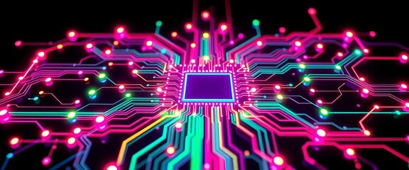 Neon geometric quantum circuit board, Memphis style, vibrant colors, glowing nodes on black background, circuit, chip