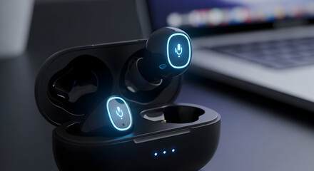Modern Wireless Earbuds with Microphone Icon.