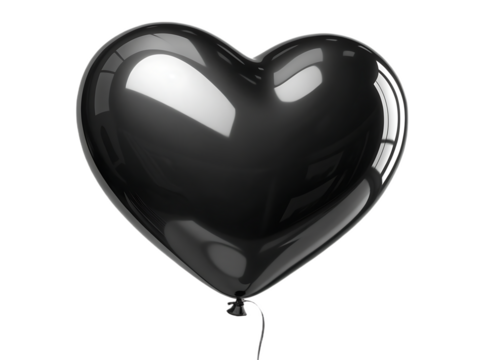 A glossy black heart shaped balloon floating against a plain white background in a studio shot