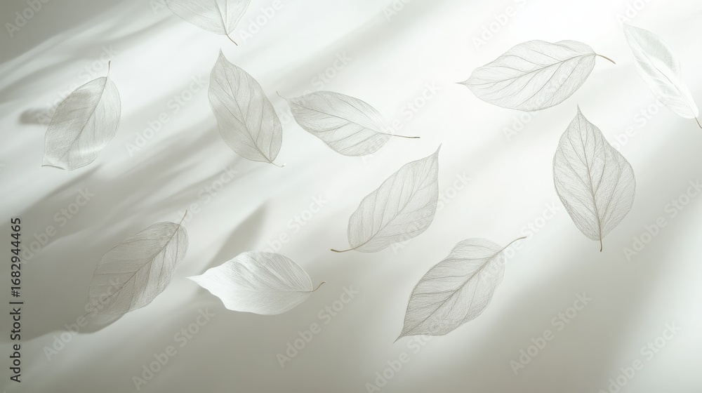 Poster multiple leaves floating in minimalist indoor studio setting