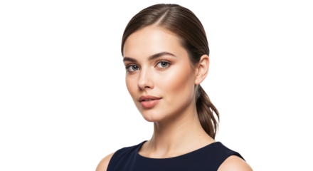 Portrait of a confident woman with brown hair wearing a navy dress posing against a plain background