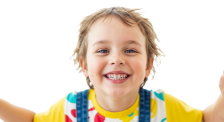 Smiling child with curly hair wearing colorful shirt and suspenders in bright indoor setting