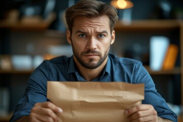 Confused man sitting at a desk in a modern office, holding an envelope and papers, unsure of the next step, Generative AI