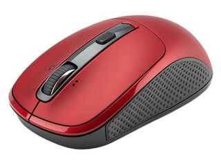 A close up shot of a red wireless computer mouse with a scroll wheel on a white background surface