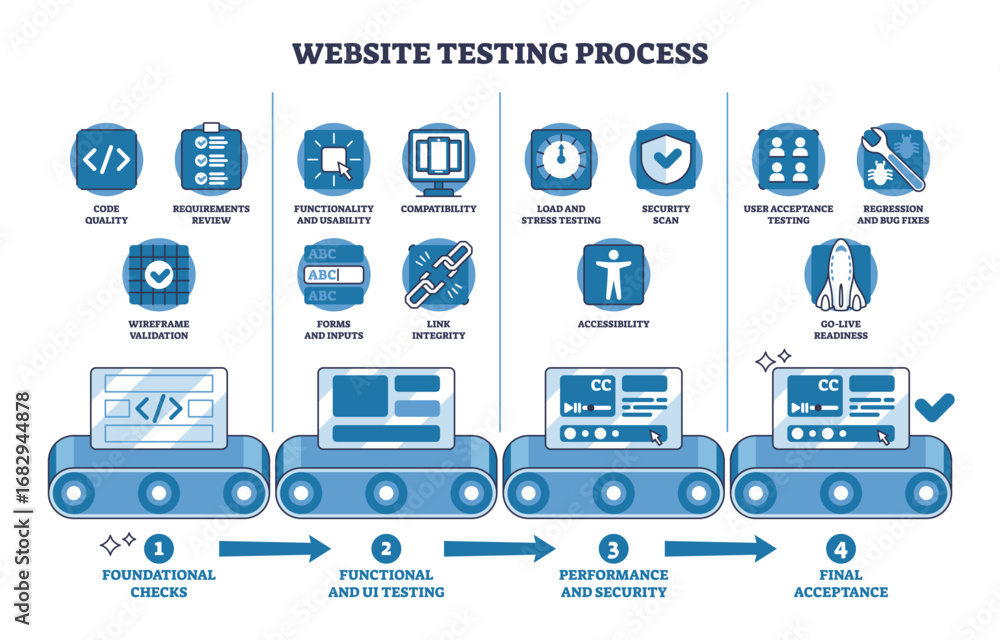 Poster website testing process shows stages from foundational checks to final acceptance, highlighting code