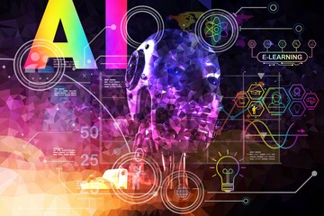 Obraz premium Colorful polygonal robot head with bright cybernetic elements, holographic infographics, and futuristic AI symbols highlighting digital transformation and machine learning.