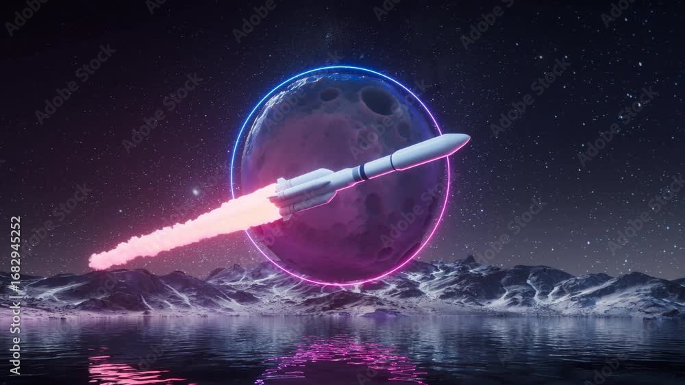 Poster A space rocket landing with planet background, 3d rendering.