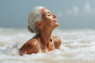Serene woman with silver hair, eyes closed, enjoying ocean waves, capturing a moment of tranquility and connection with nature's beauty.