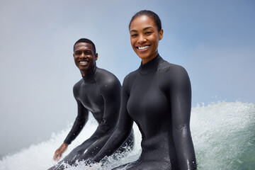 Surfing Duo: Smiling man and woman in wetsuits glide on a wave, radiating joy and athleticism against a bright sky backdrop.