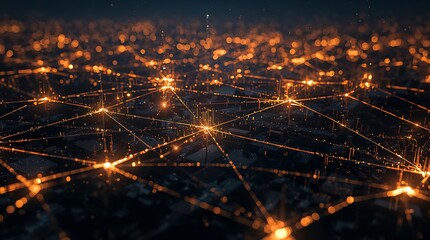 A futuristic electrical grid, visualized as a glowing web of interconnected light streams across the countryside.