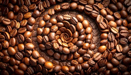 Naklejka premium Macro View of Roasted Coffee Beans Arranged in a Spiral Pattern