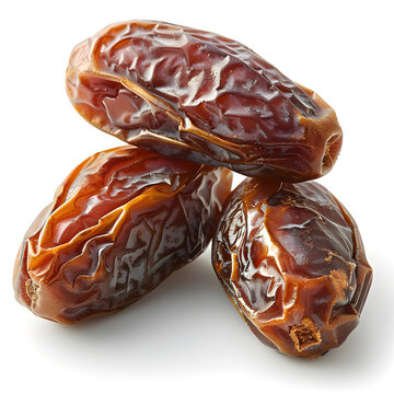 Ultra detailed product style photo of A hyper realistic, high detail image of three fresh, dried Um Al Maadi Al Riyadh dates on a pure white background. The dates are medium, dark brown, soft, with fi
