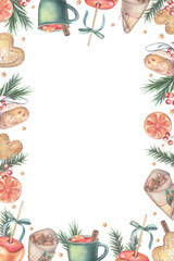 Vertical frame with festive food: stollen, mulled wine, caramel apples, almonds. Hand-painted watercolor illustration isolated on white for card, invitations, packaging, menus, textiles, holiday decor