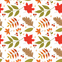 Seamless autumn pattern with a mix of colorful fall leaves and red berries. Includes maple, oak, chestnut, and rowan leaves in warm shades of red, orange, green, and brown.