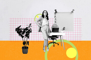 Zine banner full photo collage of happy businesswoman businessman stand to-do list sticker pin...