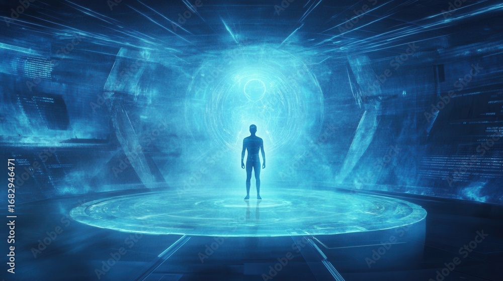 Poster young man interacting with digital interface in futuristic setting