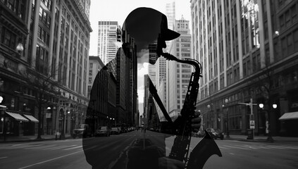 black and white image of saxophonist silhouette and city street double exposure