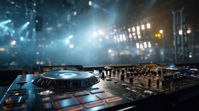 Close-up of professional dj mixer and turntable on stage with concert lights and bokeh
