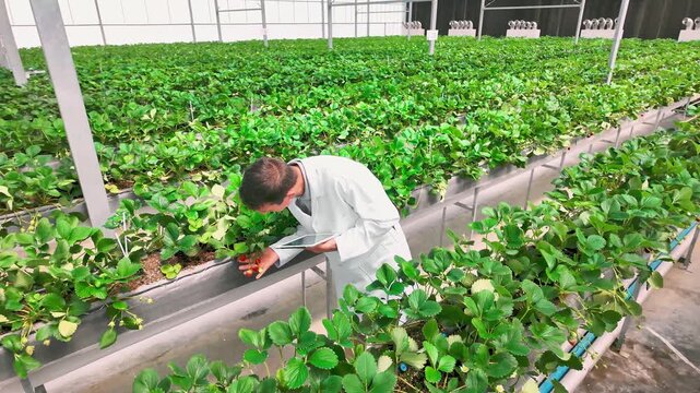 Scientist inspects strawberry plants in greenhouse, checking growth in hydroponic farm. Scene highlights agriculture, horticulture, agronomy, cultivation, research, inspection, and botanist work. 4k