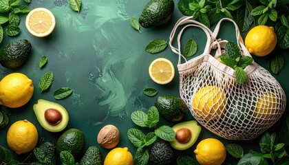 Overhead shot of fresh lemons, avocados, mint and leaves surrounding a net bag on a textured green background