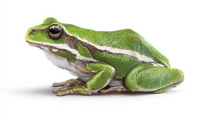 Fototapeta premium A small green tree frog with bright eyes sits patiently on a white background isolated on white background